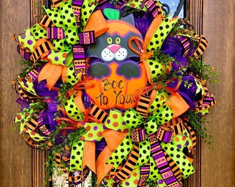 Halloween Wreath, Cat in a Pumpkin Wreath for Front Door