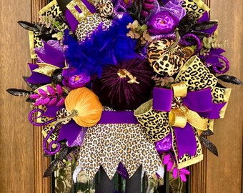 Halloween Wreath with Cheetah Print Witch and Velvet Pumpkins