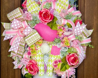 Easter Wreath, Pink & Green Bunny Butt with Ears