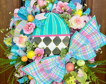 Easter Wreath, Blue Striped and Harlequin Egg for Front Door