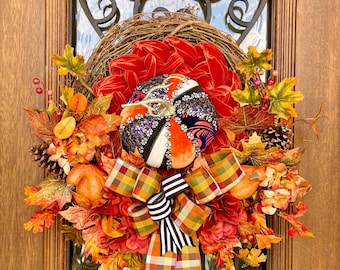 Fall Pumpkin Grapevine Wreath, Elegant Patchwork Design