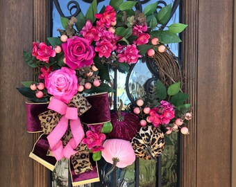 Fall Grapevine Wreath with Velvet Cheetah Pumpkin