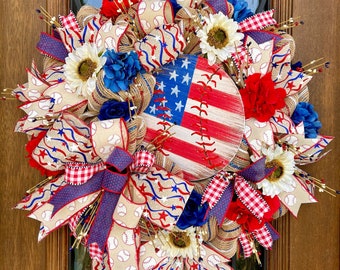 Patriotic Baseball Wreath, 4th of July Front Door Decor