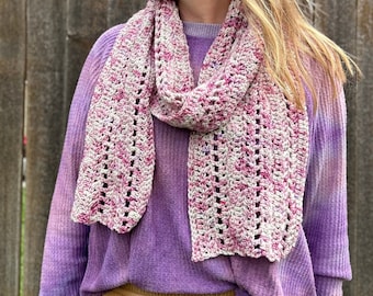 CROCHET PATTERN, Carmen Crochet Scarf, beginner crochet project, mothers day gift, summer shawl accessory, hand dyed yarn scarf purple