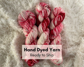 HAND DYED YARN, Peppermint Bark, red speckled yarn, white and red yarn, superwash merino wool, fingering, dk, worsted weight