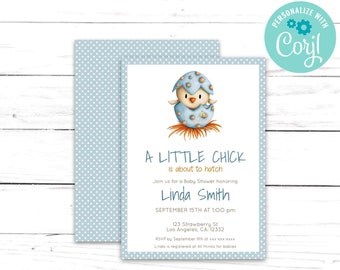 Editable Little Bird Hatching Blue Baby Shower - Baby Boy Blue Invitation - Little Chick - Printable Baby Shower with Bird - Bird Baby