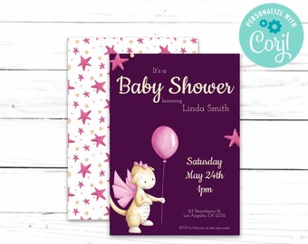 Pink Dragon Baby Shower Invitation - Baby Dragon - Dragon Theme - Girl Baby Shower - Printable Baby Shower - Editable Baby Shower