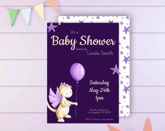 Editable Baby Dragon with Balloon Baby Shower Invitation - Editable Dragon Invitation - Baby Girl Shower Dragon Invitation - Purple