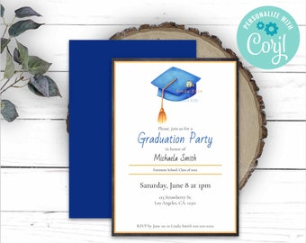 Blue Graduation Cap Party Invitation Graduation Invitations Printable File Editable Invitations Blue Graduation Invitation School Graduation