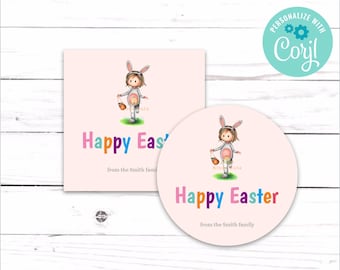 Editable Happy Easter Tags Stickers - Easter Stickers - Girl in Bunny Suit - Easter Stickers for Kids - Printable Pink Stickers - Whimsical