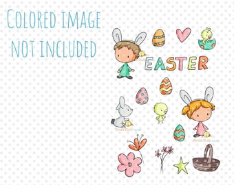 Easter Digital Stamp Set- Easter Times - Rabbit - Chick - Easter Eggs - Boy and Girl - Stamp Bundle - Card Making Stamps- Black & White