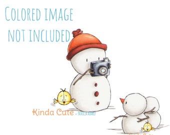 Christmas Digi Stamp - Snowman Taking Photos - Family Snowmen - Digital Stamps for Christmas Card Making - Black & White - Sello Digital