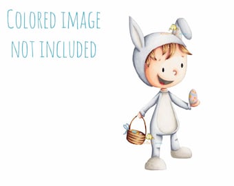 Easter Digital Stamp - Boy in Bunny Costume - Easter Hunt - Boy Easter - Easter Basket - Black  & White - Sello Digital