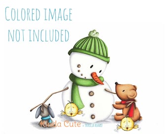 Christmas Snowman and Friends Digital Stamp - Holiday Line Art (Digital Download) (Black/White)