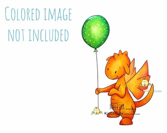 Birthday dragon with balloon digital stamp. Black and white only. Dragon digital stamp. Fantasy. Birthday stamp. Baby Dragon.