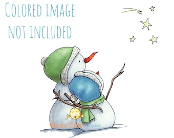 Snowmen looking at the stars digital stamp (black/white only). Digital stamps Christmas. Holiday. Winter. Snowman. Snowmen couple.