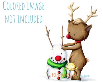 Reindeer building a snowman digital stamp(black/white only). Digital stamps Christmas. Holiday. Winter. Reindeer. Snowman.