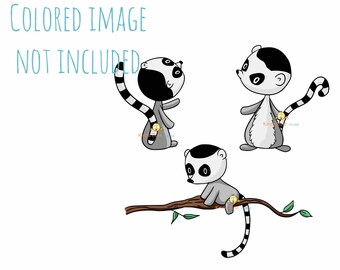 Lemur Digital Stamps - Primate - Monkey - Jungle - Madagascar - Ring Tailed Lemur - Animal Digital Stamps - Card Making - Black & White only