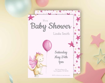 Pink Dragon with Balloon Baby Shower Invitation - Baby Dragon - Dragon Girl - Girl Baby Shower - Printable - Editable Baby Shower