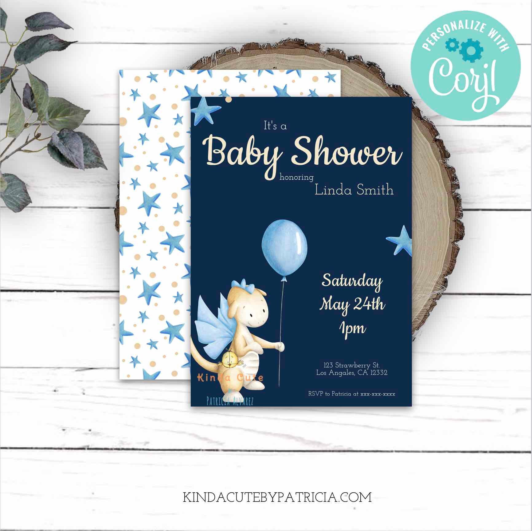 Baby Dragon With Balloon Baby Shower Invitation Editable File Dragon