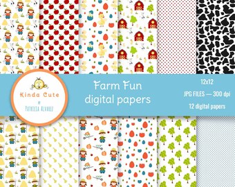 Digital Papers - Farm Fun - Farmer - Apples - Pears - Colorful - Card Making Digital Papers - Commercial Use - Digital Scrapbook Paper Pack