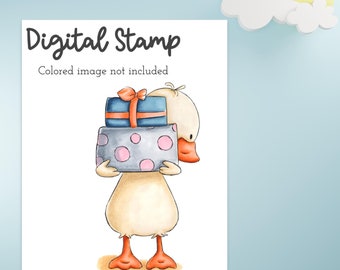 Birthday Digital Stamps - Duck with Presents Digital Stamp - Digital Stamp Duck - Duck holding Presents - Baby Shower Stamps - Black & White