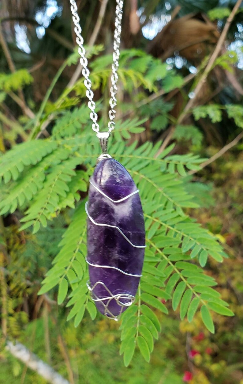 Art Silver wire wrap Amethyst healing Crystal pendant necklace