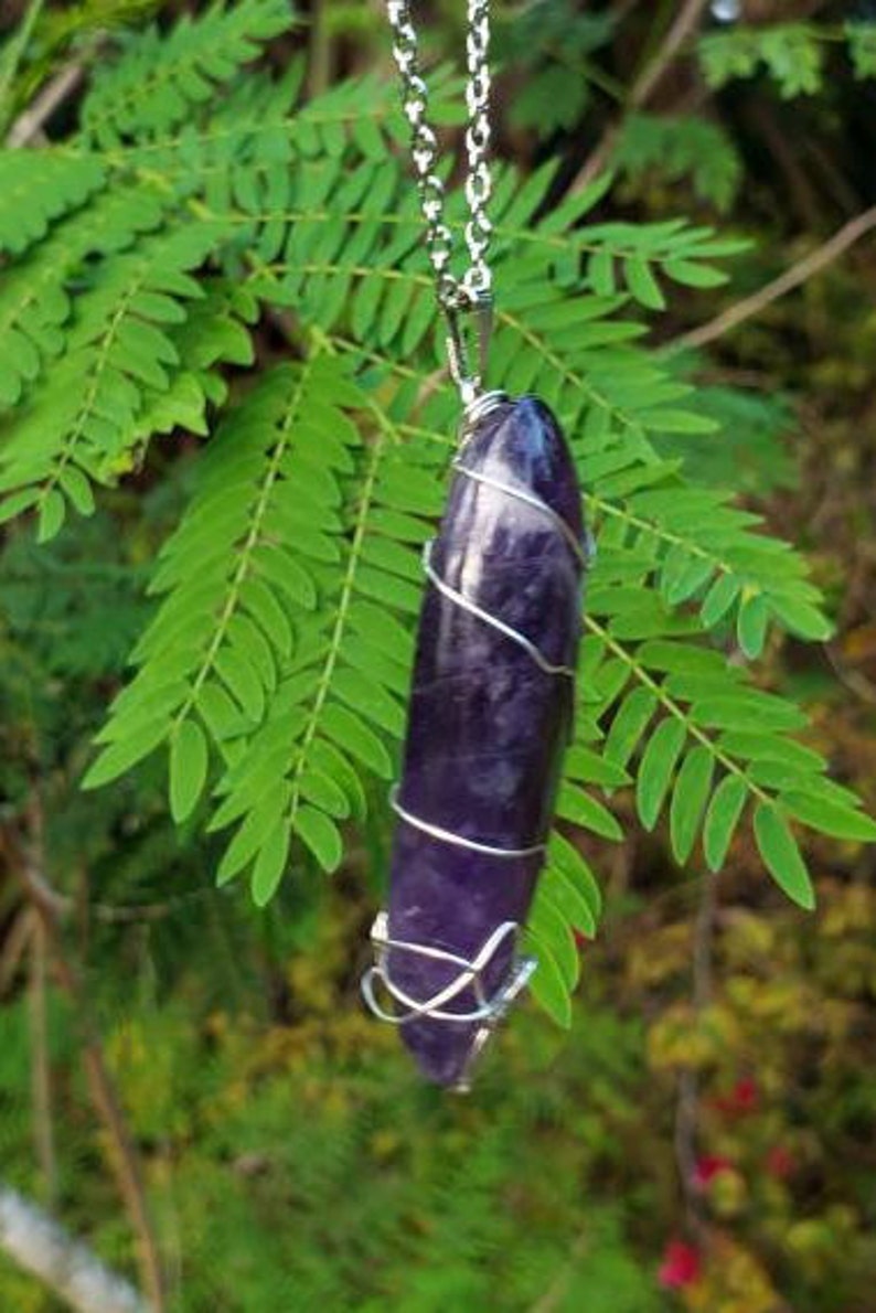 Art Silver wire wrap Amethyst healing Crystal pendant necklace