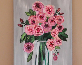 Abstract Rose Painting: Original Acrylic Bouquet on Canvas (10x20)