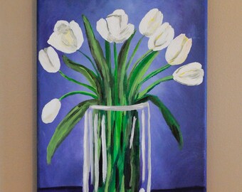 Original White Tulip Painting: Abstract Floral Acrylic on Canvas (9x12)