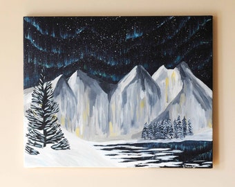 Northern Lights Painting: Winter Mountain Landscape Acrylic Art (16x20)