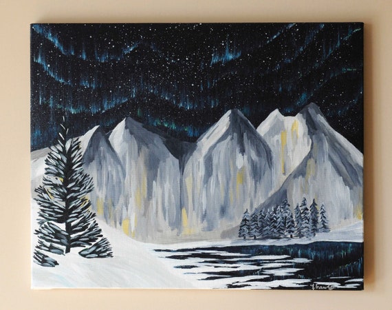 Northern Lights Painting: Winter Mountain Landscape Acrylic Art