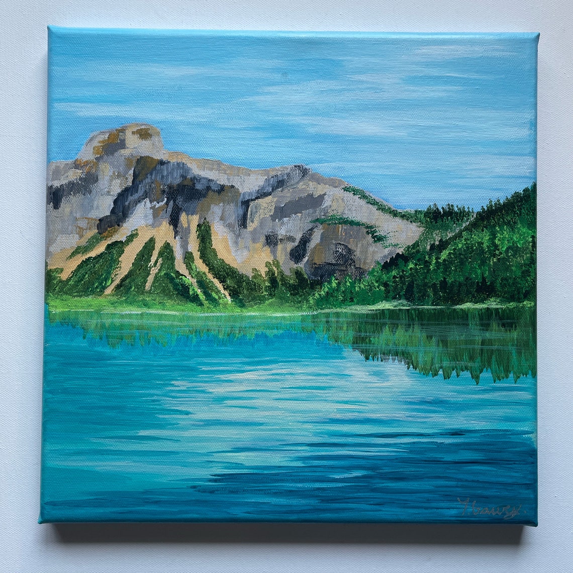 Emerald Lake Painting: Original Acrylic Mountain Landscape Art (12x12 ...