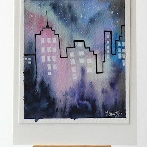 Cartão original pintado à mão em aquarela - paisagem urbana