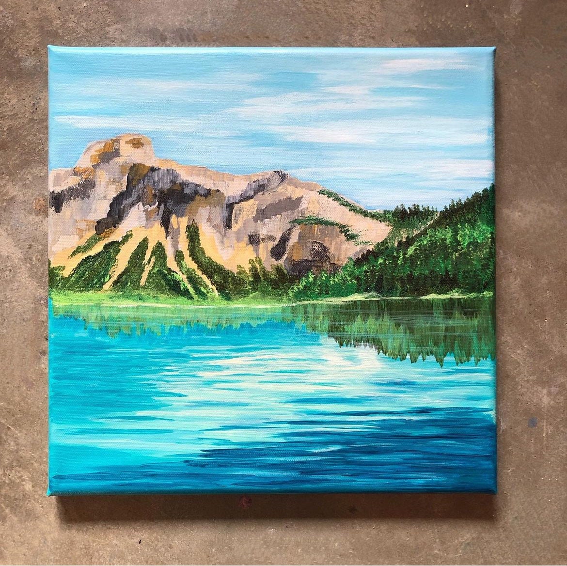 エメラルド湖の絵画：オリジナルアクリル山の風景画（12x12） - Etsy 日本