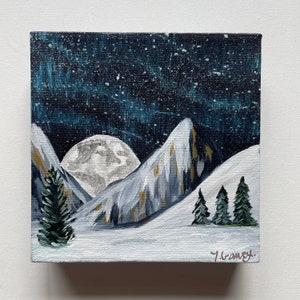Moon Rising, Acrylic Painting on Canvas, Acrylic Art, Original Artwork, Northern Lights, Mountain Range, Abstract Landscape, Art