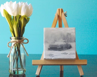 Snowed In Truck Encaustic Art: Winter Landscape on Wood Panel