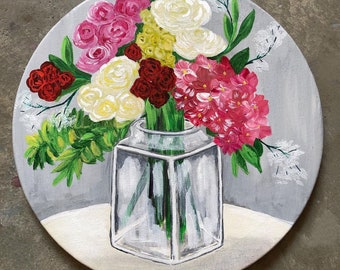 Pink Roses Bouquet Painting: Original Acrylic Floral Art, 13" Round Canvas