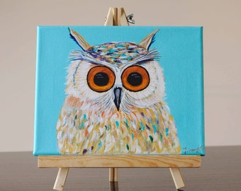 フクロウアート、フクロウの絵画、キャンバスに描かれたオリジナルの