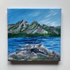 Riva al lago, dipinto acrilico su tela, arte acrilica, opera d’arte originale, dipinto di montagna, dipinto sul lago, paesaggio estivo
