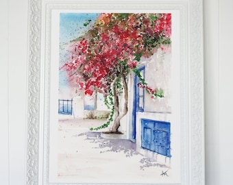 ギリシャの絵画 サントリーニ島の水彩画 ブーゲンビリア AnaMuStudio
