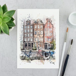 Amsterdam poster Dutch houses Amsterdam print travel art Amsterdam art  watercolor souvenir Dutch poster Amsterdam illustration Amsterdam