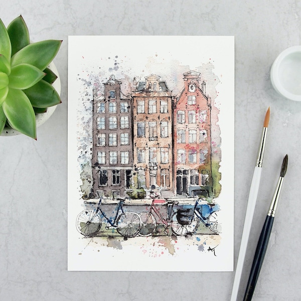 Amsterdam poster Dutch houses Amsterdam print travel art Amsterdam art  watercolor souvenir Dutch poster Amsterdam illustration Amsterdam