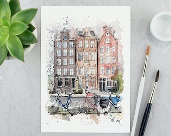 Amsterdam poster Dutch houses Amsterdam print travel art Amsterdam art  watercolor souvenir Dutch poster Amsterdam illustration Amsterdam