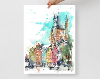 Cologne - Altstadt - Old town - Print of my original watercolor illustration of Koln, Germany