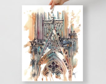 May include: Watercolor painting of a cathedral facade. The artwork features a detailed depiction of the architectural elements, with a focus on the arched entrance and ornate details. The color palette includes shades of blue, brown, and orange, creating a vintage aesthetic.