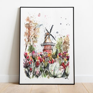 Keukenhof, the Netherlands - Print of my original watercolor painting of Dutch landmarks, tulip field