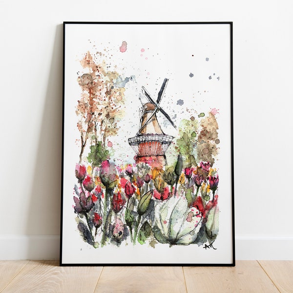Keukenhof, the Netherlands - Print of my original watercolor painting of Dutch landmarks, tulip field