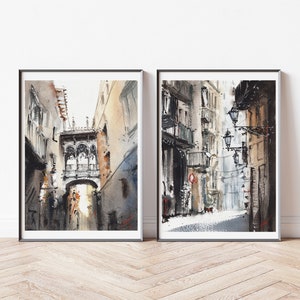 Set of 2 art prints of Barcelona Gothic Quartier, Spanish wall art decor Barcelona Travel Wall Art Souvenir Watercolor Barcelona Poster Art