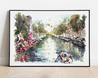 Amsterdam Canal poster Amsterdam travel art illustration Amsterdam print watercolor Amsterdam Dutch illustration Amsterdam gift